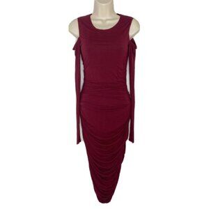 New Neiman Marcus Bailey 44 Ruched Burgundy Cold Shoulder Midi Dress